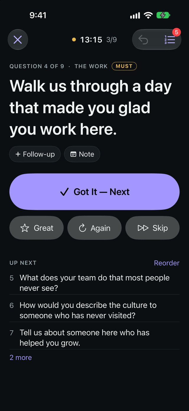 Interview by BSR in live mode showing the current question with a violet Got It, Next button