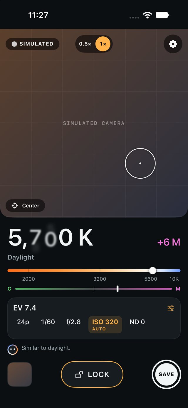 Meter by BSR showing a live 5,700 K daylight reading, tint, the Kelvin scale and solved exposure
