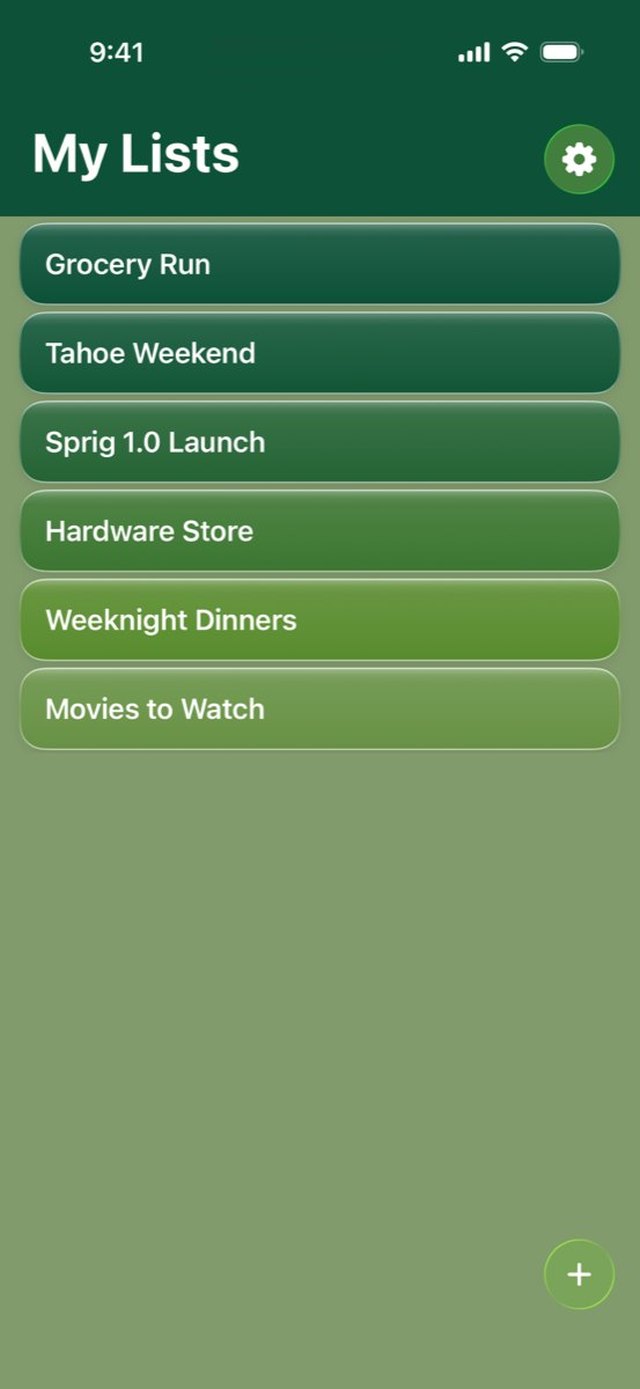 Sprig home screen showing several named lists