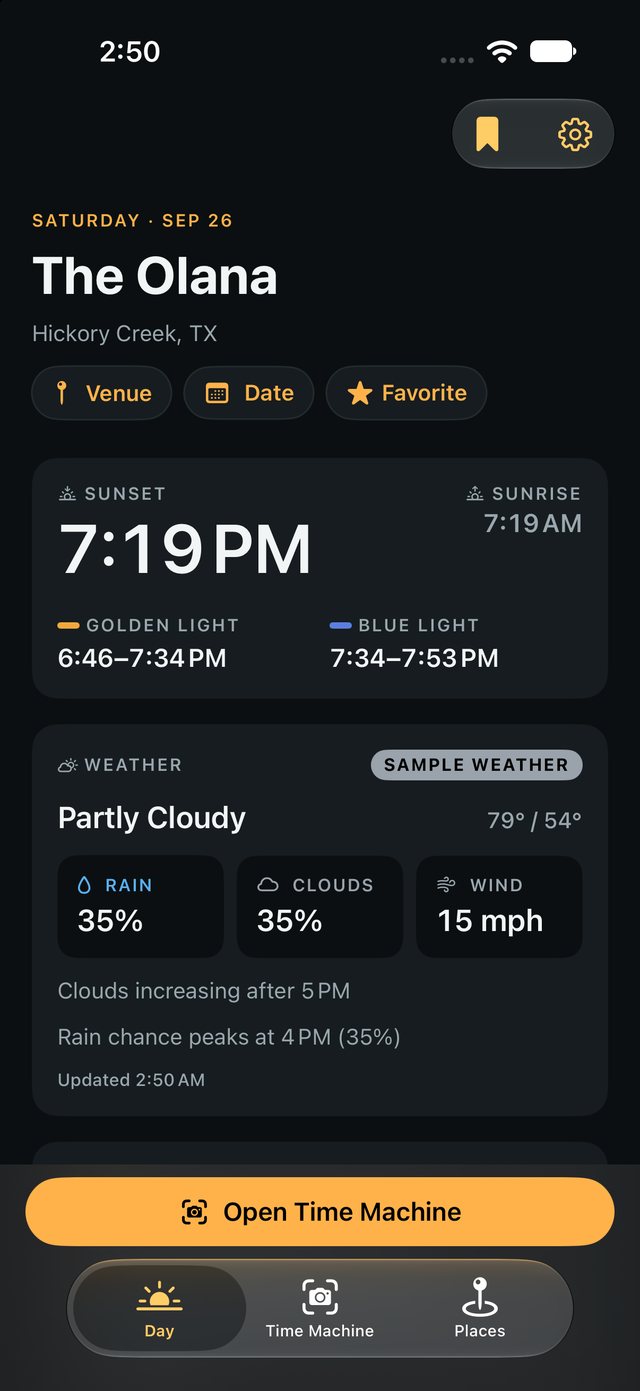 Sun by BSR showing sunset, golden and blue light times and the day's weather for a venue