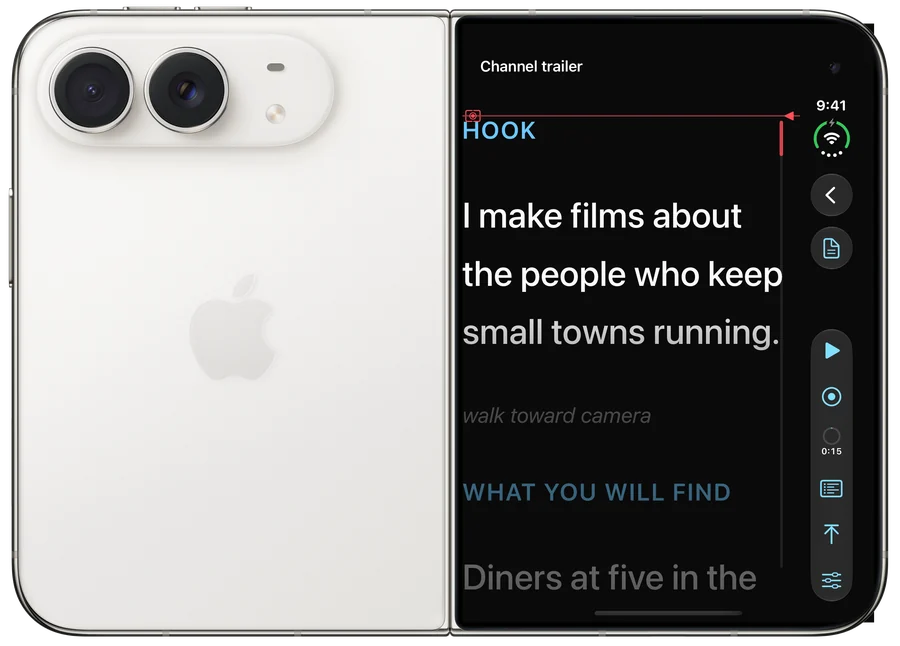 iPhone Duo unfolded, seen from the back: the main cameras on one half, and Teleprompter on the outer screen beside them reading a channel trailer script, with the red read line and the playback controls