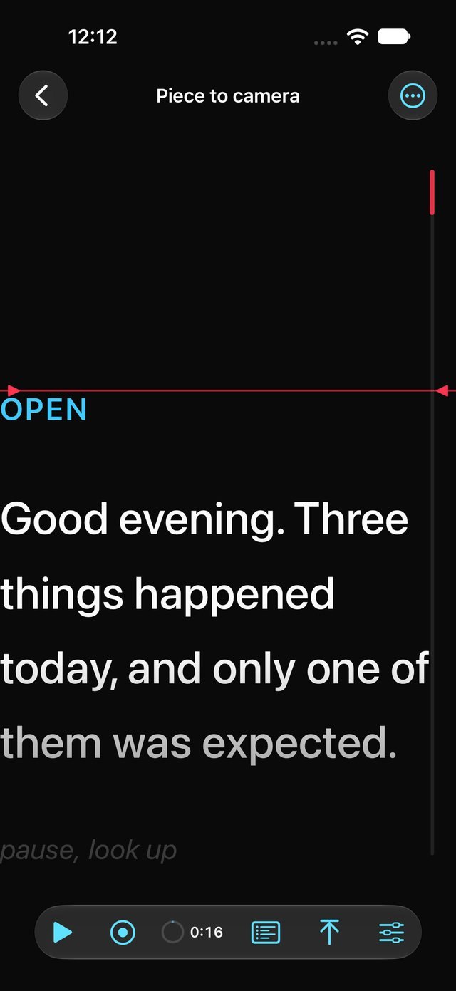 Teleprompter by BSR showing a script scrolling past the read line