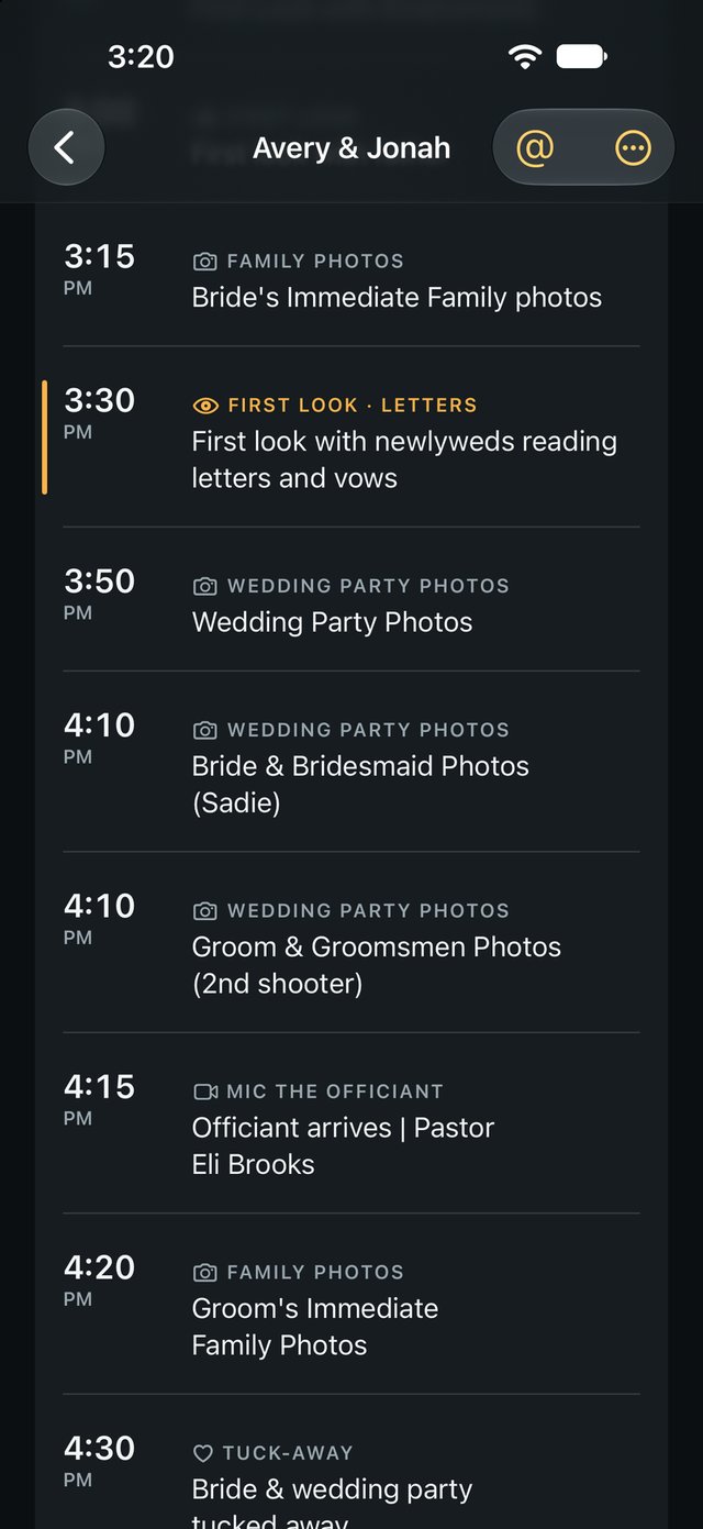 Timeline by BSR showing a wedding day's shoot moments with their times