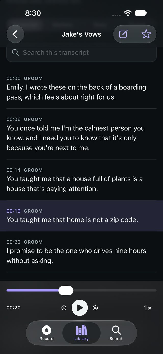 Transcript by BSR showing a timestamped transcript of wedding vows