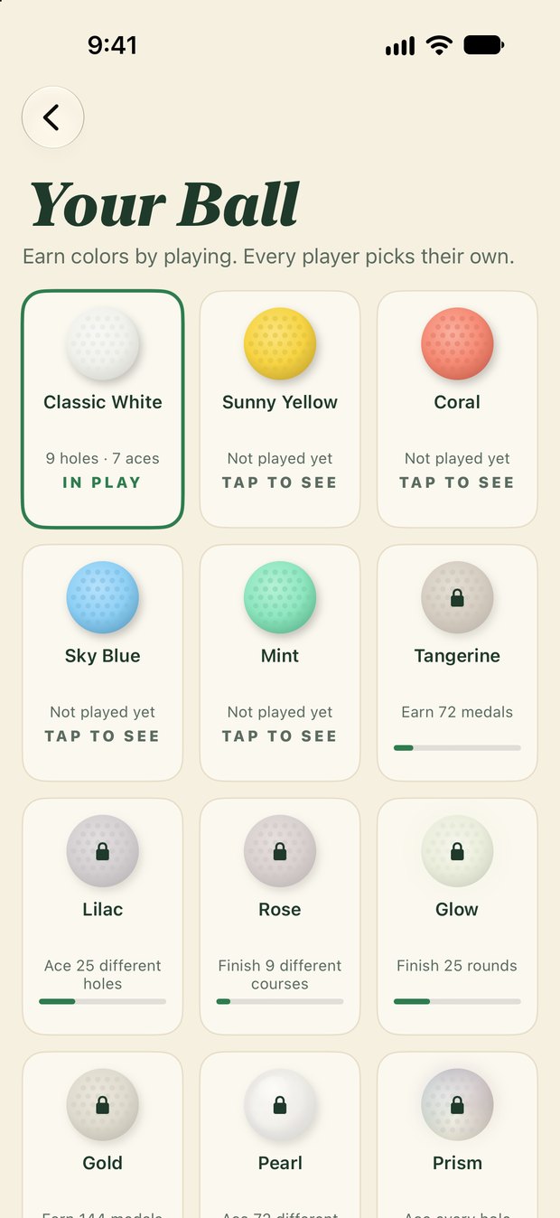 The Greens Your Ball page: Classic White, Sunny Yellow, Coral, Sky Blue and Mint earned, and the rest of the balls locked with progress bars