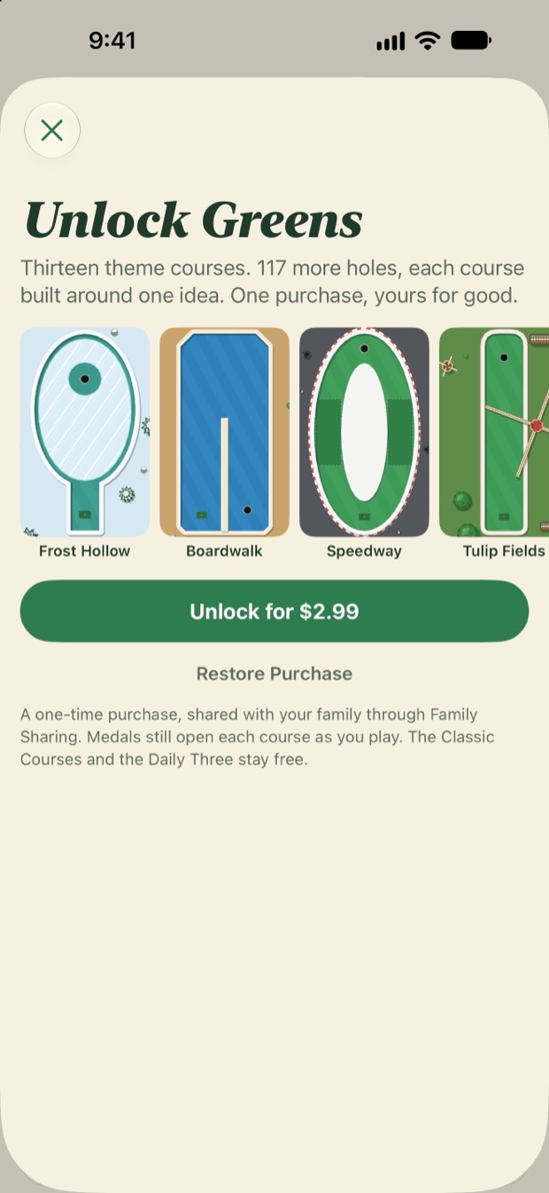 The Unlock Greens screen: thirteen theme courses, 117 more holes, with Frost Hollow, Boardwalk, Speedway and Tulip Fields and an Unlock for $2.99 button