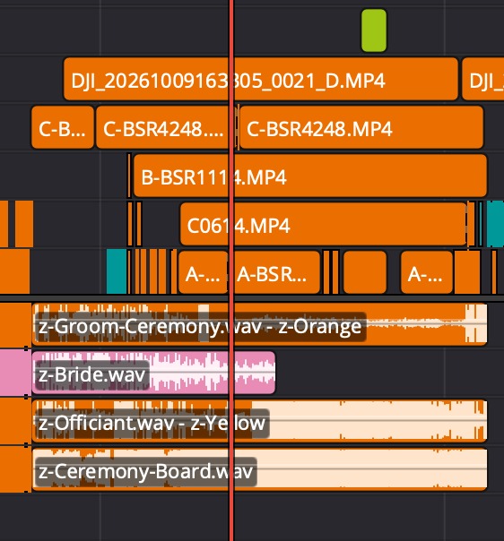 Close-up of the ceremony in the synced Resolve timeline: drone, two second-angle cameras and the main camera stacked above four audio recordings