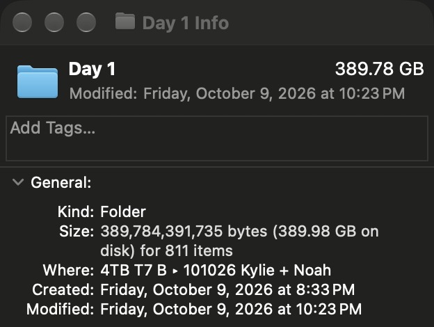 Finder info for the Day 1 folder of a wedding: 389.78 GB, created Friday, October 9, 2026 at 8:33 PM