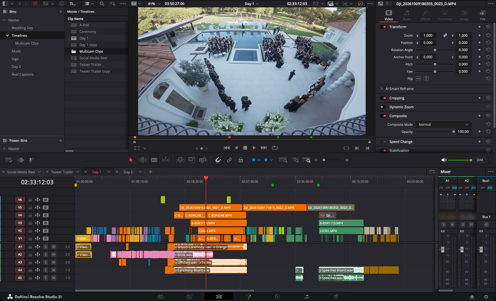 A wedding day in DaVinci Resolve after the sync: six camera tracks and five audio tracks, clips colored by part of the day