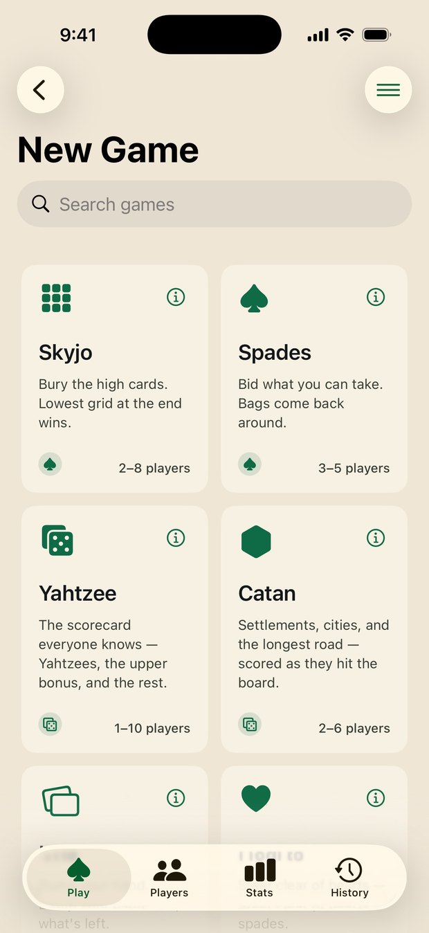 ScorePad new game screen listing Skyjo, Spades, Yahtzee and Catan with player counts