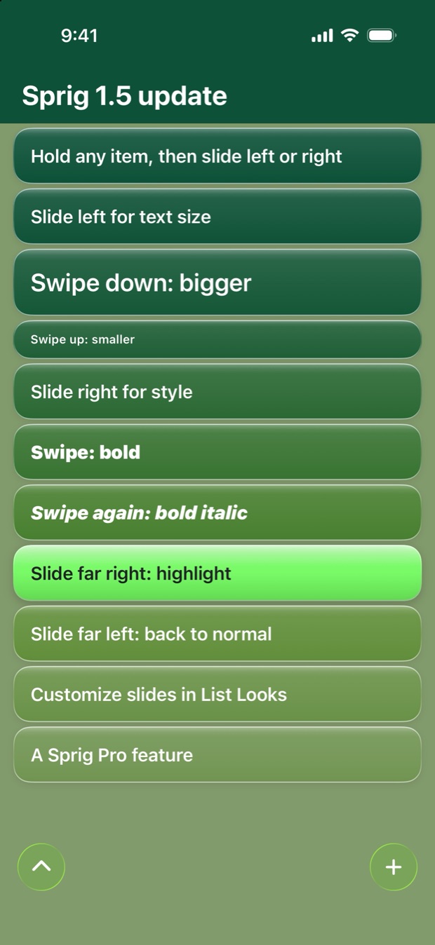 The Sprig 1.5 update list, each slide gesture written out and shown in the look it makes
