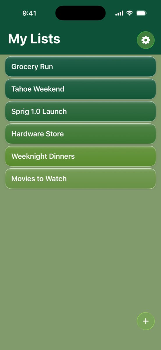 Sprig home screen showing several named lists in a green theme