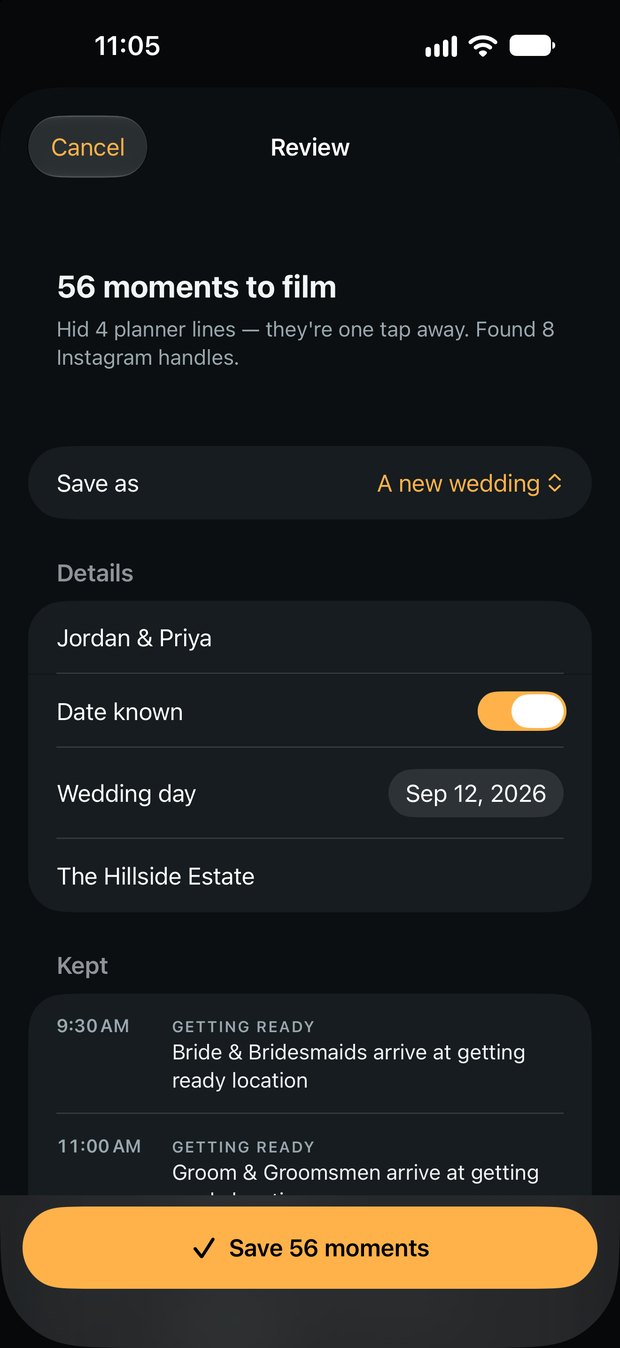 Timeline import review: 56 moments to film, 4 planner lines hidden, 8 Instagram handles found