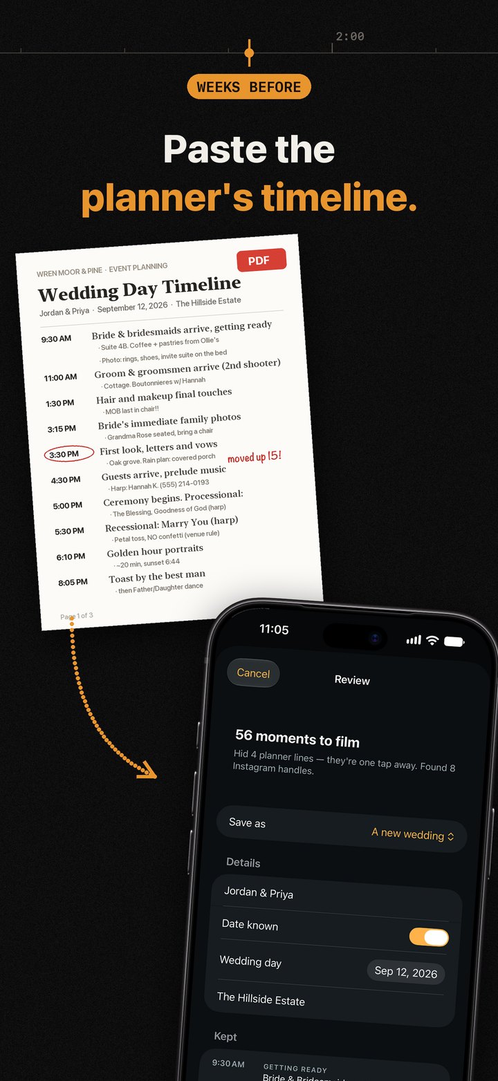 Paste the planner's timeline: a sample planner PDF for Jordan & Priya, with a moved-up first look circled, flowing into Timeline's import review on an iPhone