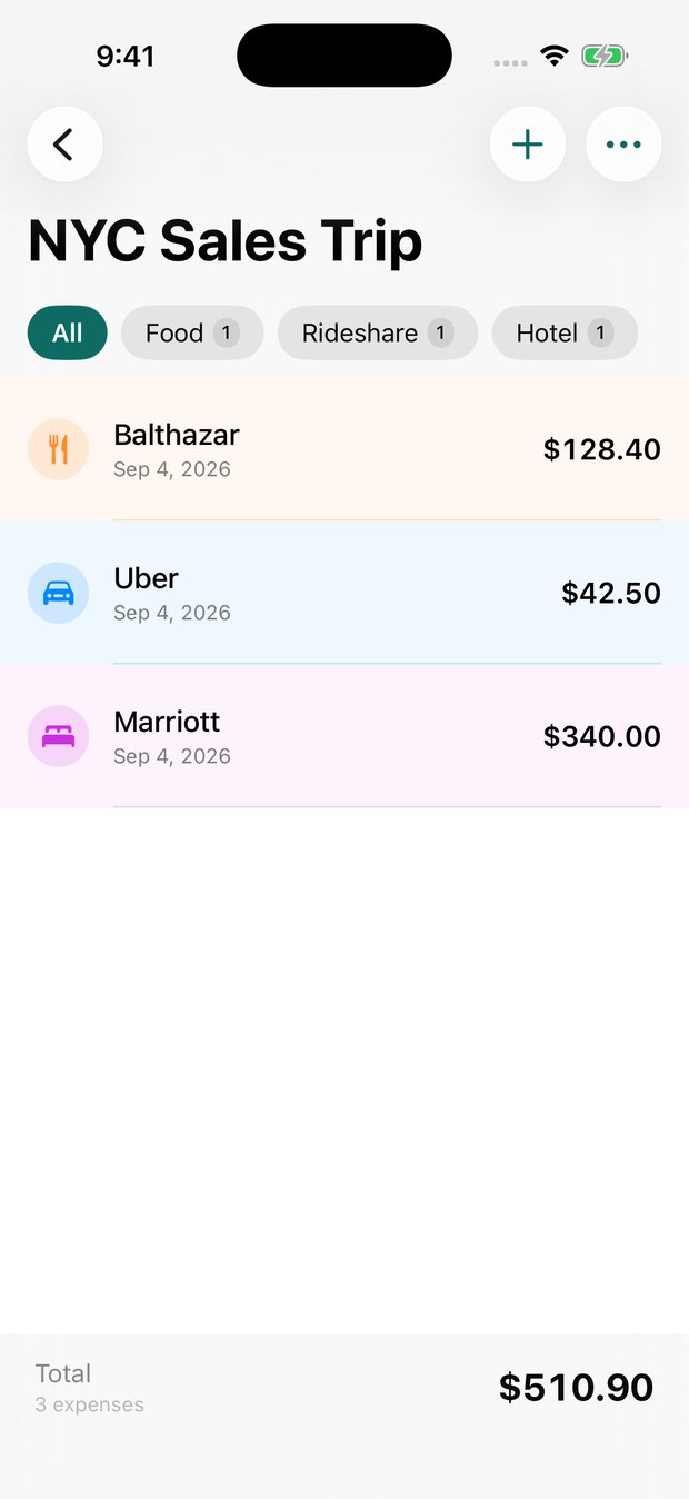 A single TripStub trip with expenses grouped by category and a running total
