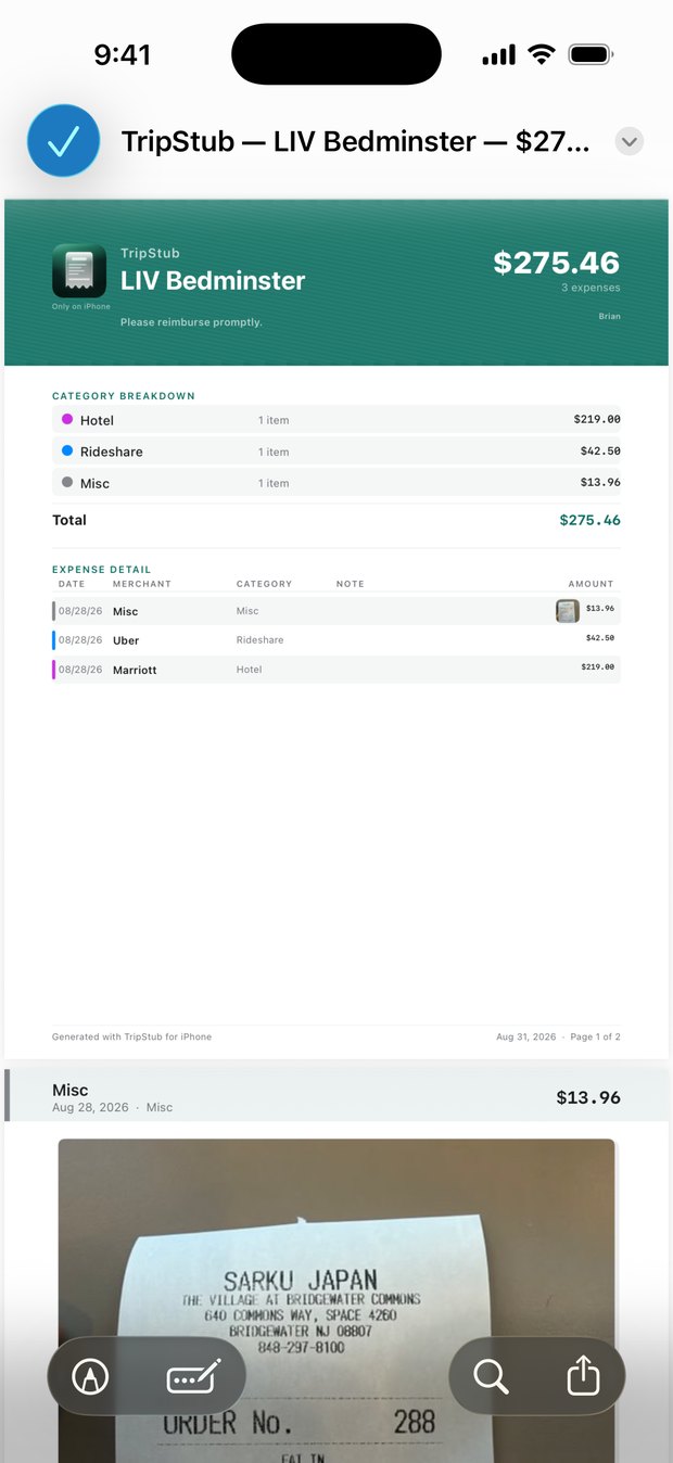A finished TripStub PDF expense report with category breakdown and receipt image