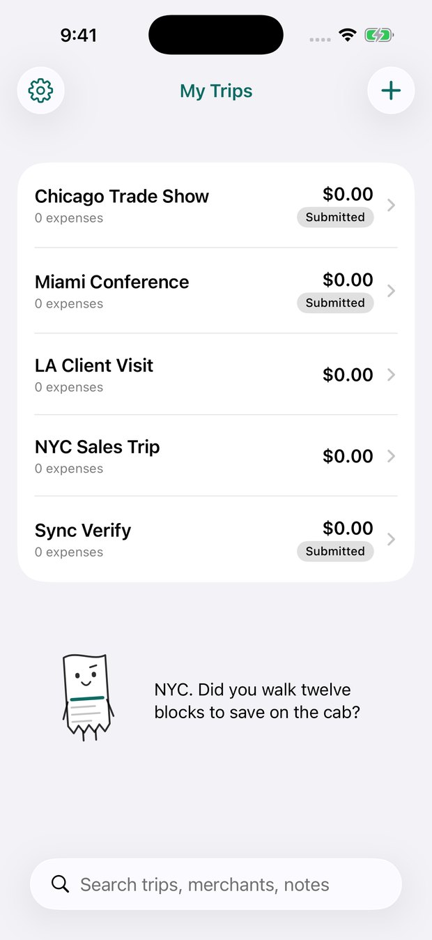 TripStub trip list showing several trips with running totals and submitted badges