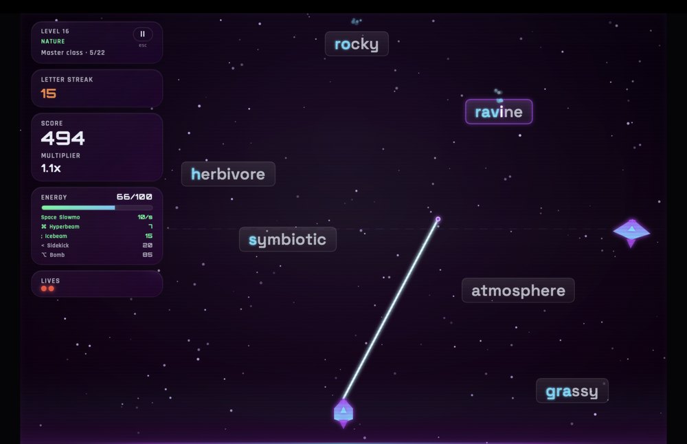 Type Attack gameplay with words falling toward the player's ship