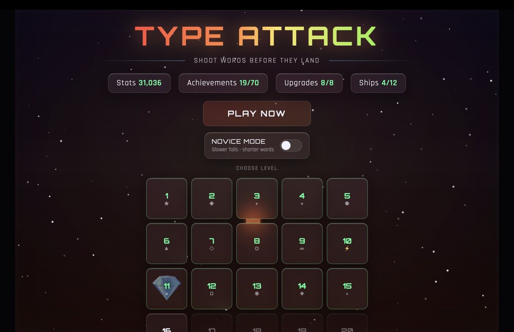 Type Attack title screen with sector select grid and play button
