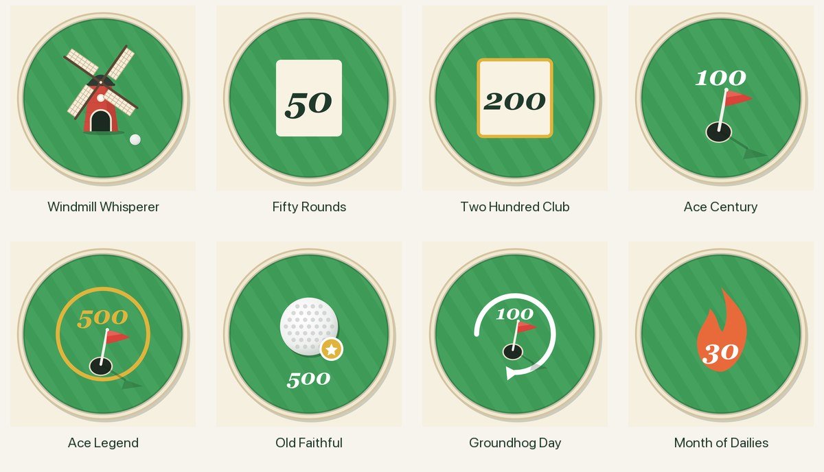 The eight new Greens achievement badges: Windmill Whisperer, Fifty Rounds, Two Hundred Club, Ace Century, Ace Legend, Old Faithful, Groundhog Day and Month of Dailies