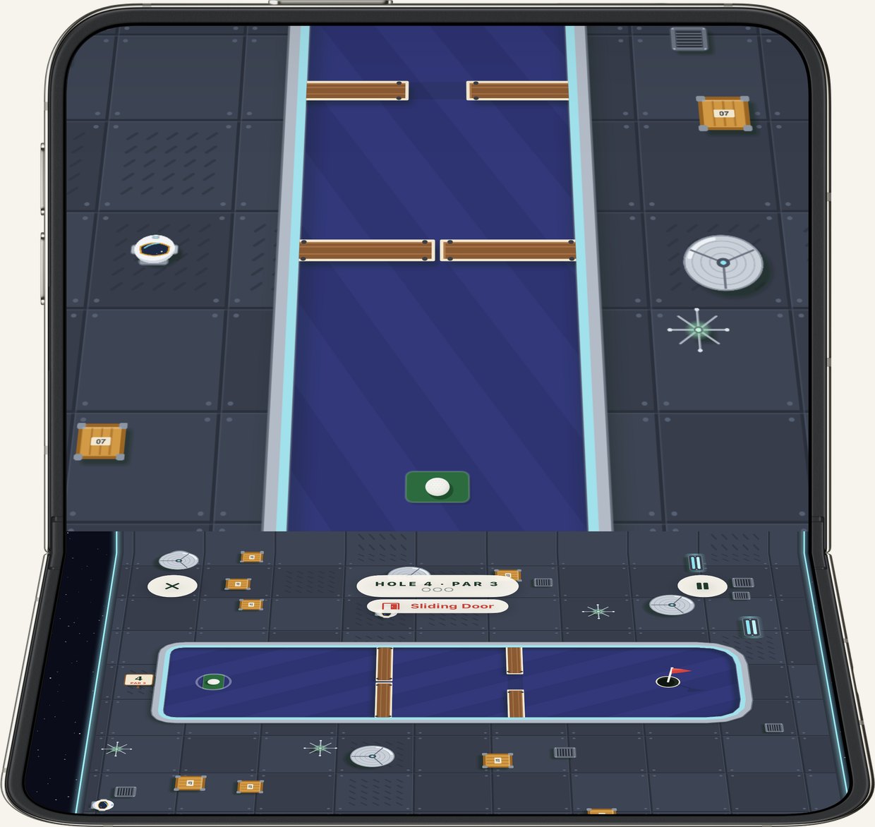 iPhone Duo in laptop pose on Space Station hole 4, Sliding Door: the hole and the buttons on the lower screen, and the upper screen following the ball down the green