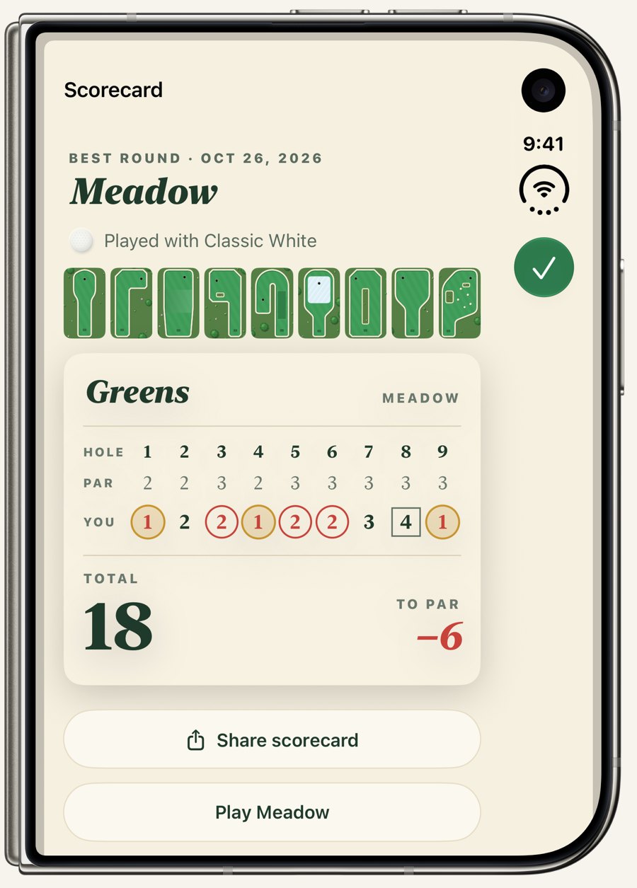iPhone Duo closed, showing a best round on Meadow: the nine holes, played with Classic White, a total of 18 at six under par, and a Share scorecard button