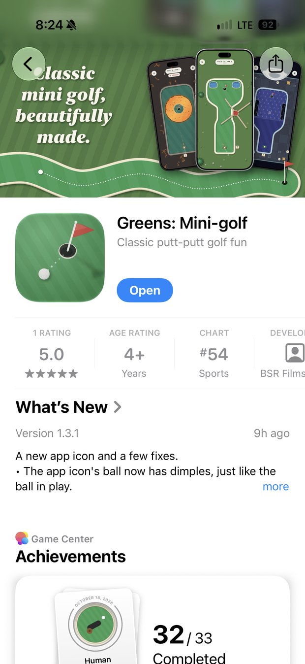 The Greens: Mini-golf App Store page on launch day: Classic mini golf, beautifully made, rated 5.0, #54 in Sports