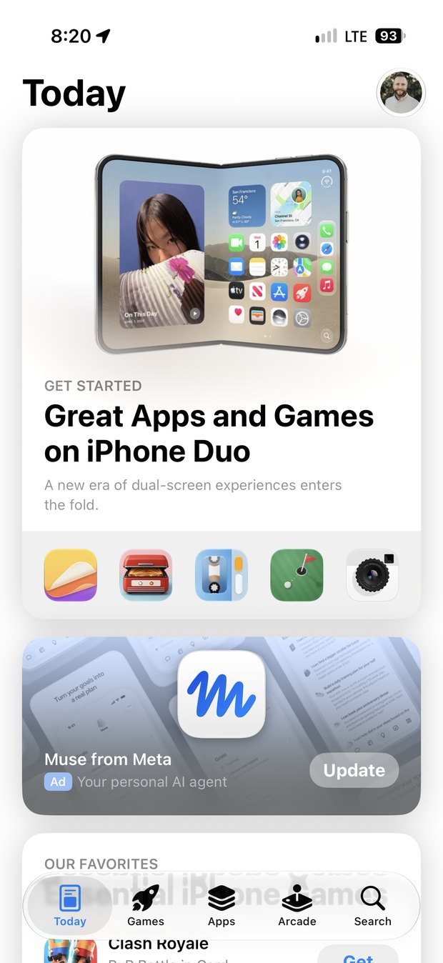 The App Store Today tab with the story Great Apps and Games on iPhone Duo, and the Greens icon in its row of apps