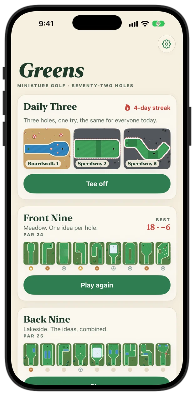 The clubhouse: the Daily Three and the Front Nine with a medal under each hole