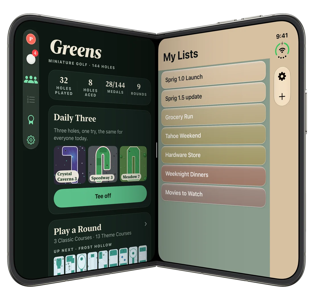 iPhone Duo open like a book with Greens and a list app side by side: the Greens clubhouse with its controls in a column down the side, beside a list of lists in autumn colors