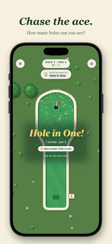 Chase the ace: a hole in one on iPhone, with confetti over the cup