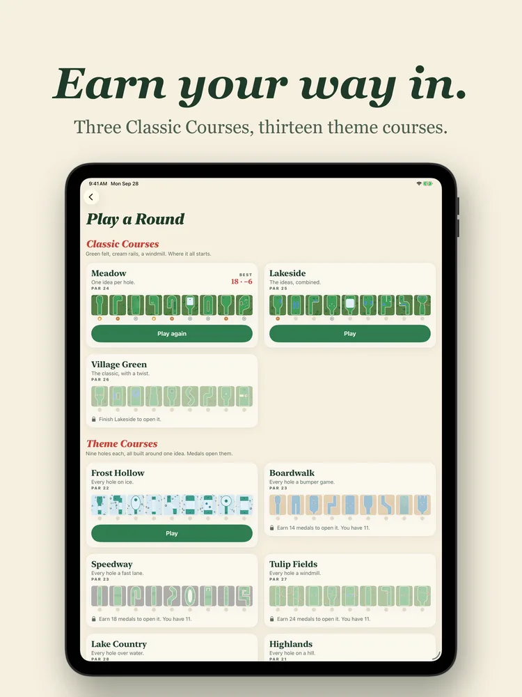 Earn your way in: the Play a Round screen on iPad listing the Classic Courses and theme courses