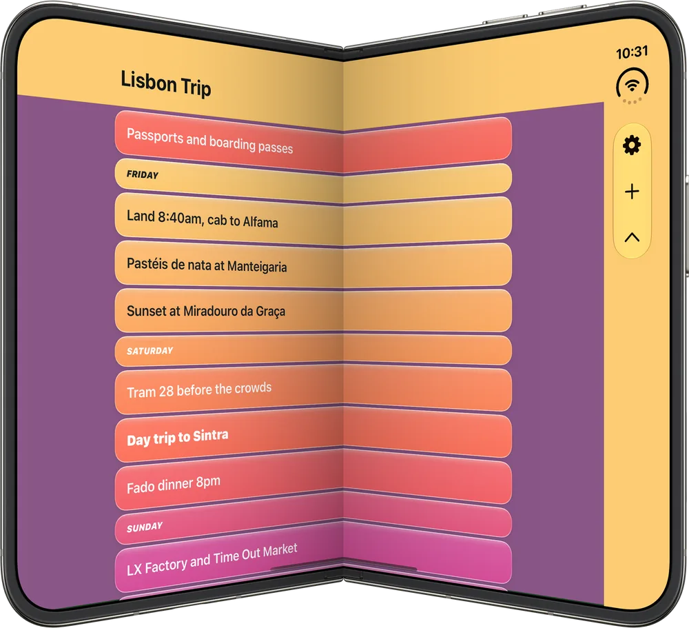 iPhone Duo open like a book, showing a Lisbon trip plan in Sprig with the gear, plus and close buttons in a side column
