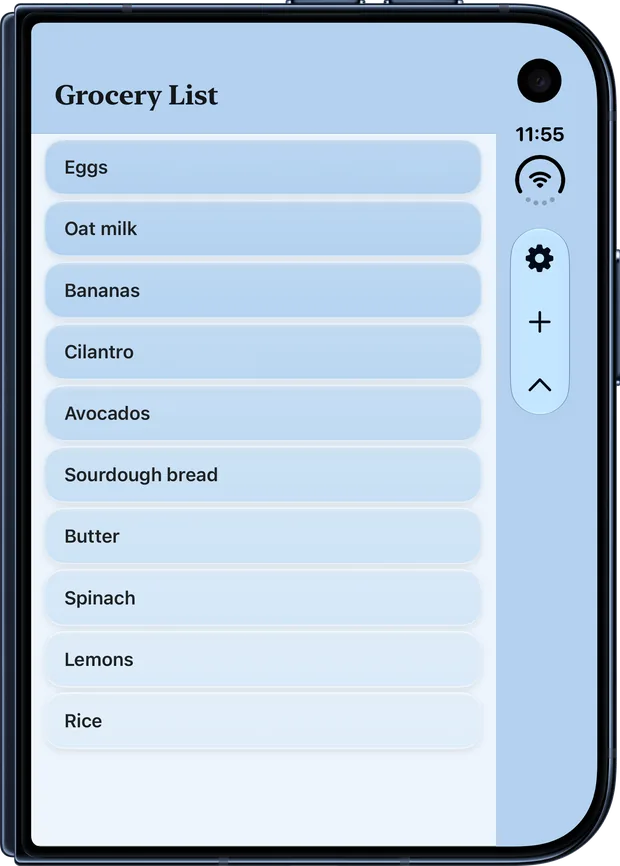 iPhone Duo closed, showing a grocery list on the outer screen with Sprig's buttons in the side column