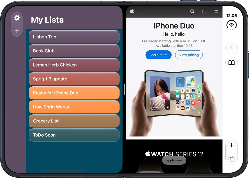 iPhone Duo in Split View with Sprig's My Lists on the left half, its buttons in a column on the left edge