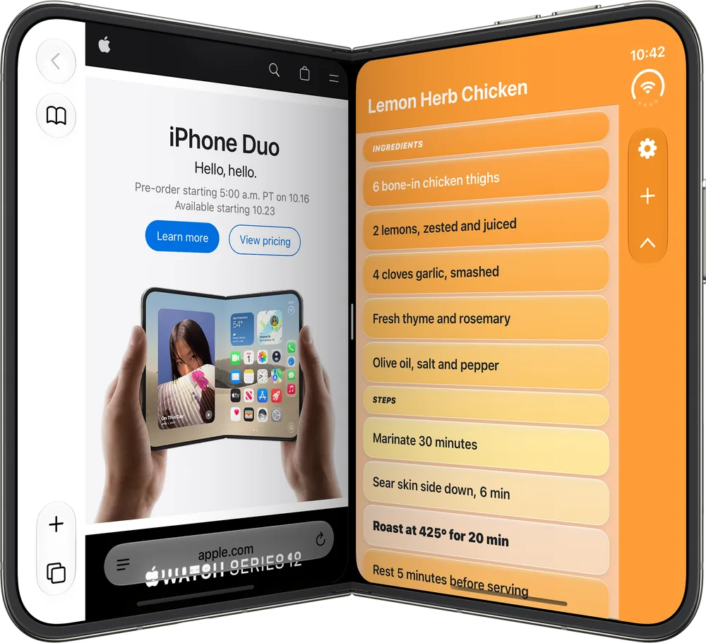 iPhone Duo in Split View with Safari on the left and a Lemon Herb Chicken recipe list in Sprig on the right