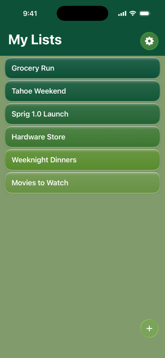 Sprig home screen with six lists on the Clover theme