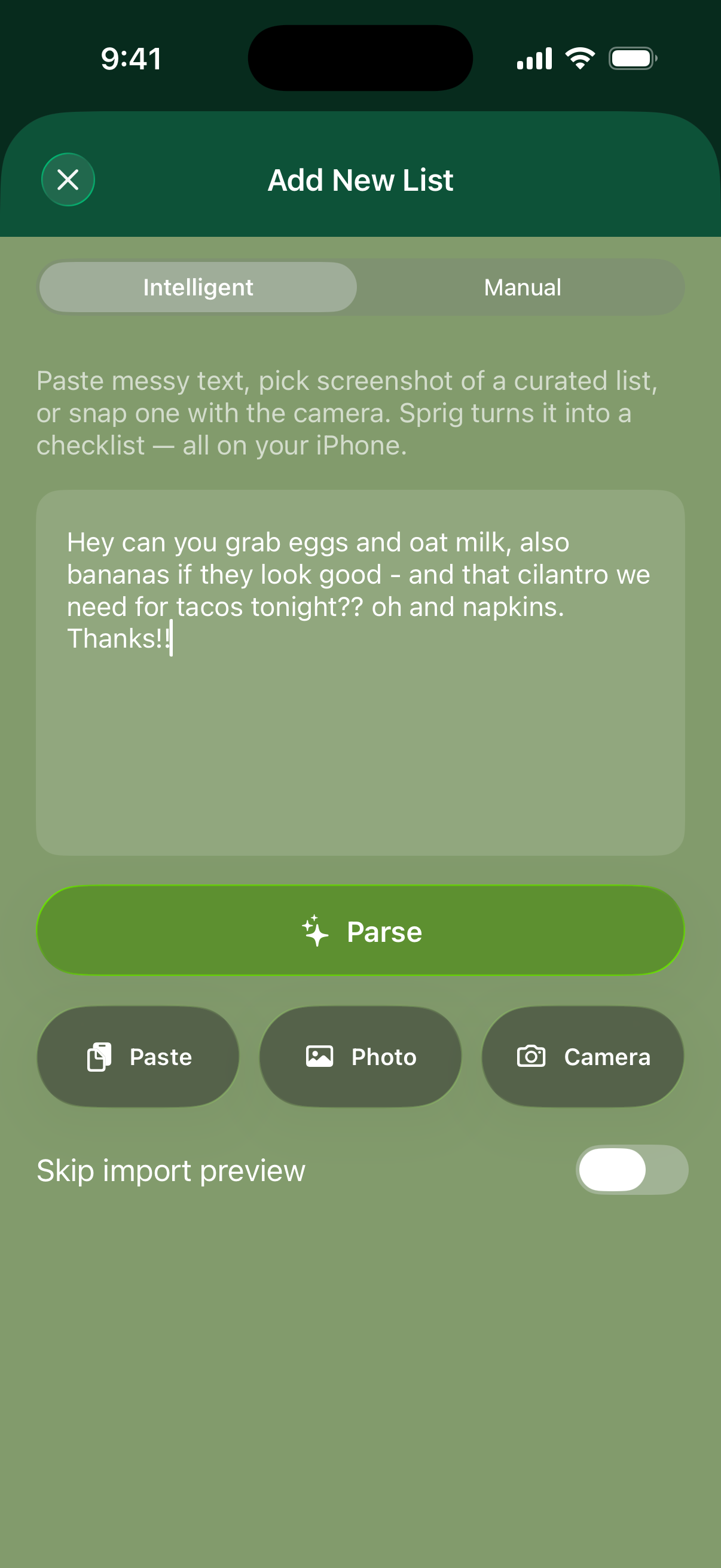 Intelligent Add sheet with a rambling text message pasted in, ready to parse