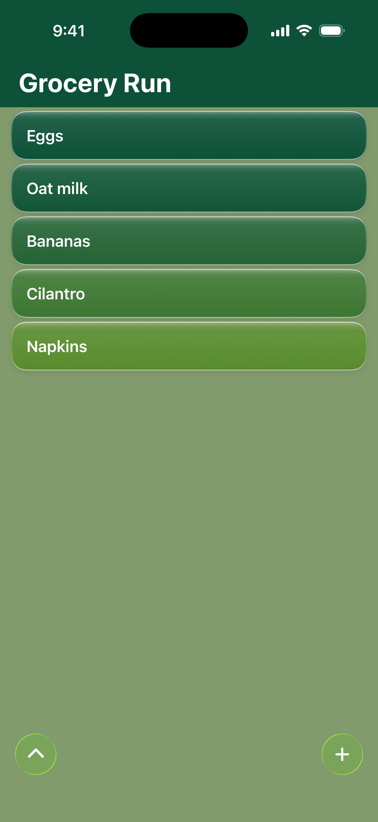The saved Grocery Run checklist with two items already checked off