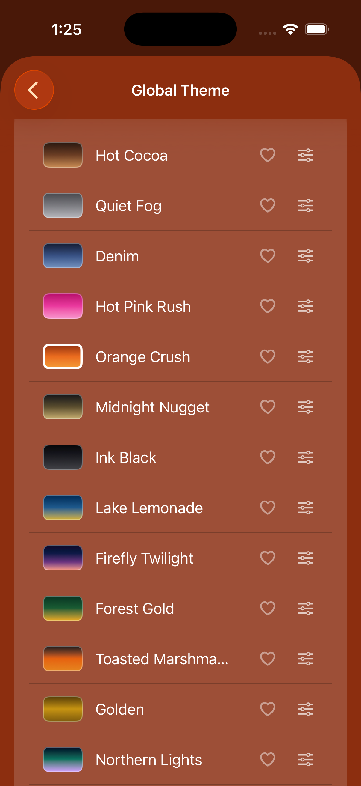 Sprig's theme picker, each theme shown as its own color ramp