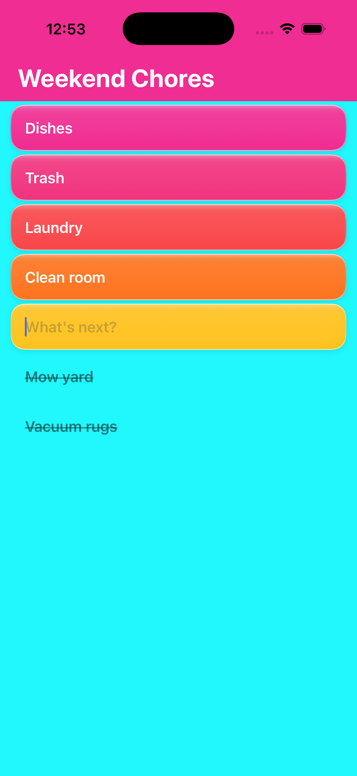 Weekend Chores checklist in a bright pink-to-yellow list look, with two items already checked off