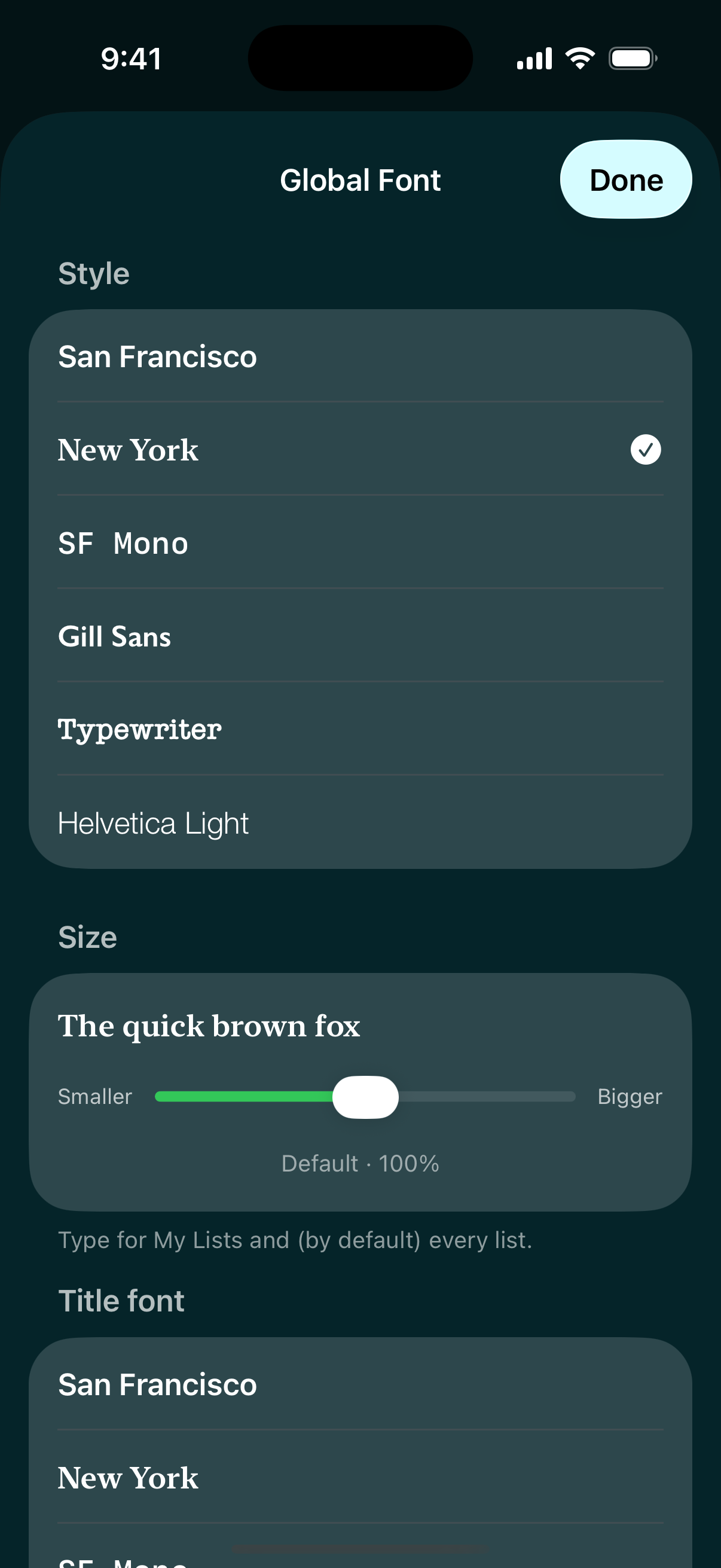 Global font settings in Tidepool showing style, size, and title font choices