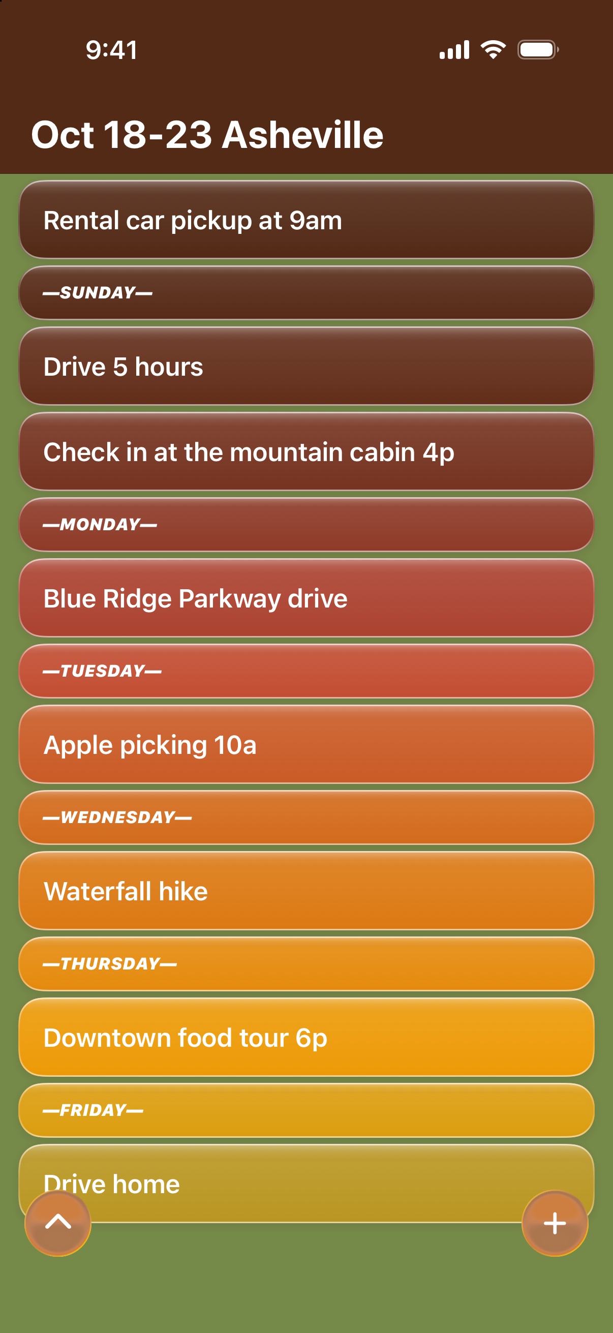 A trip plan for Oct 18 to 23 in Asheville in the Autumn theme, each day's heading in smaller bold italic between the plans