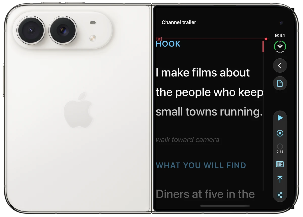 iPhone Duo unfolded, seen from the back: the main cameras on one half, and Teleprompter on the outer screen beside them reading a channel trailer script, with the red read line and the playback controls.