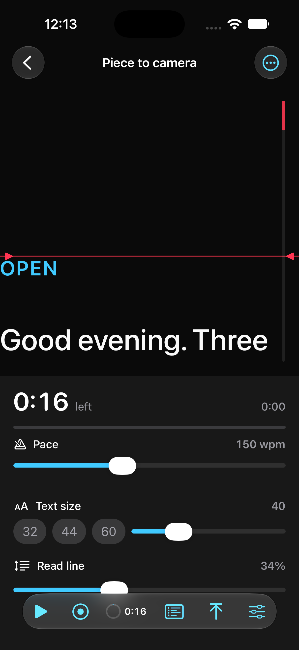 The running order open beside the script: time left, pace at 150 words per minute, text size, and the read line, all live sliders.