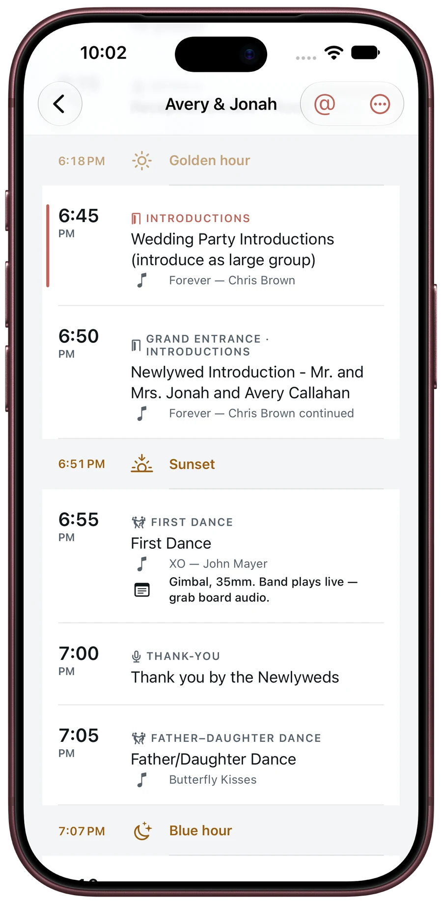 Timeline showing Avery and Jonah’s sample wedding: golden hour, introductions, first dance with a filming note, and blue hour.