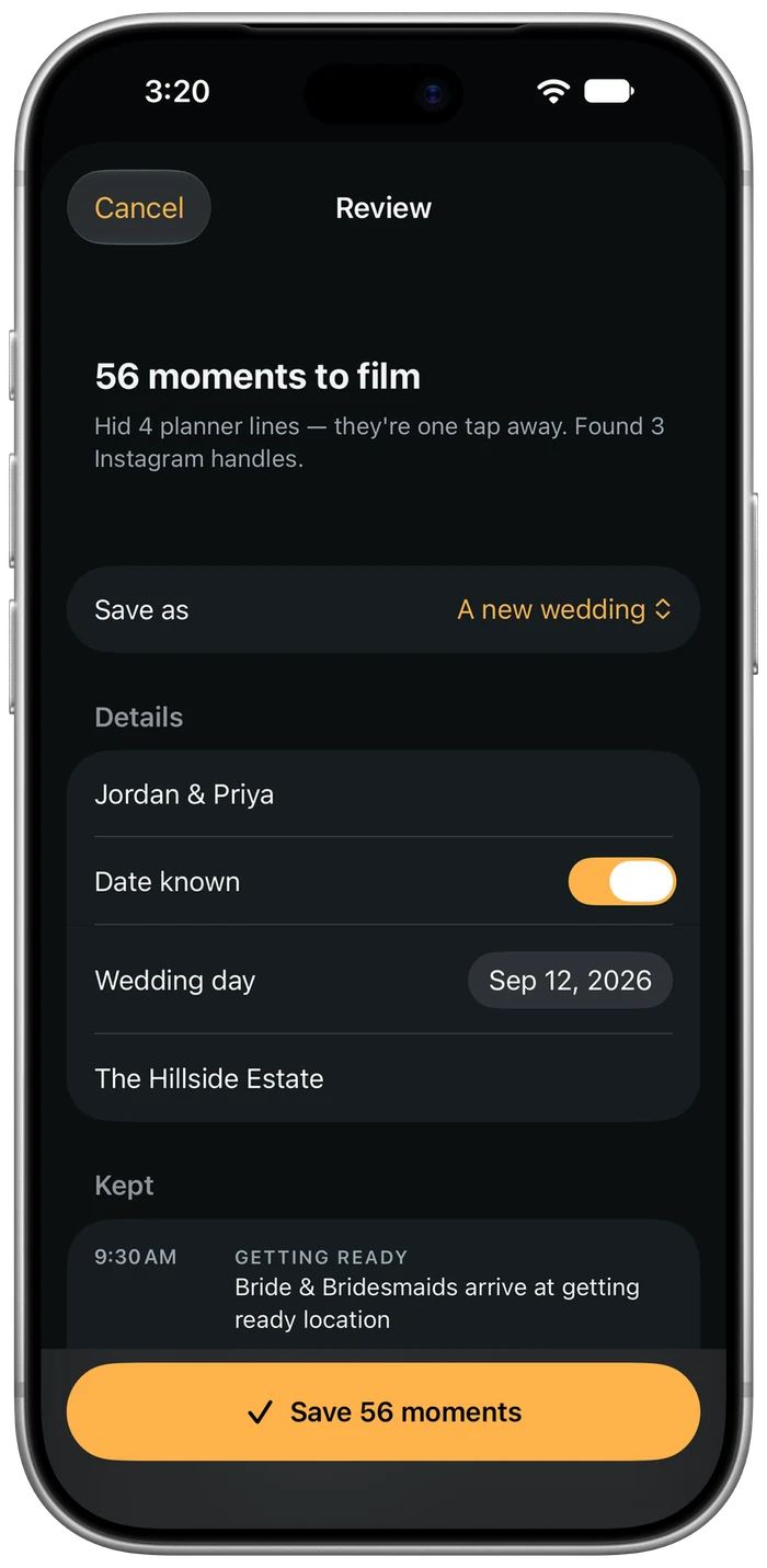 Timeline’s import review for a planner’s PDF: 56 moments to film, 4 planner lines hidden, 3 Instagram handles found, Jordan and Priya at The Hillside Estate.
