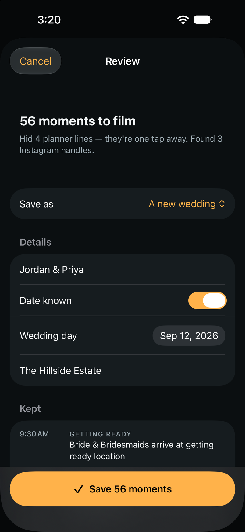 Timeline’s import review for a planner’s PDF: 56 moments to film, 4 planner lines hidden, 3 Instagram handles found, Jordan and Priya at The Hillside Estate.