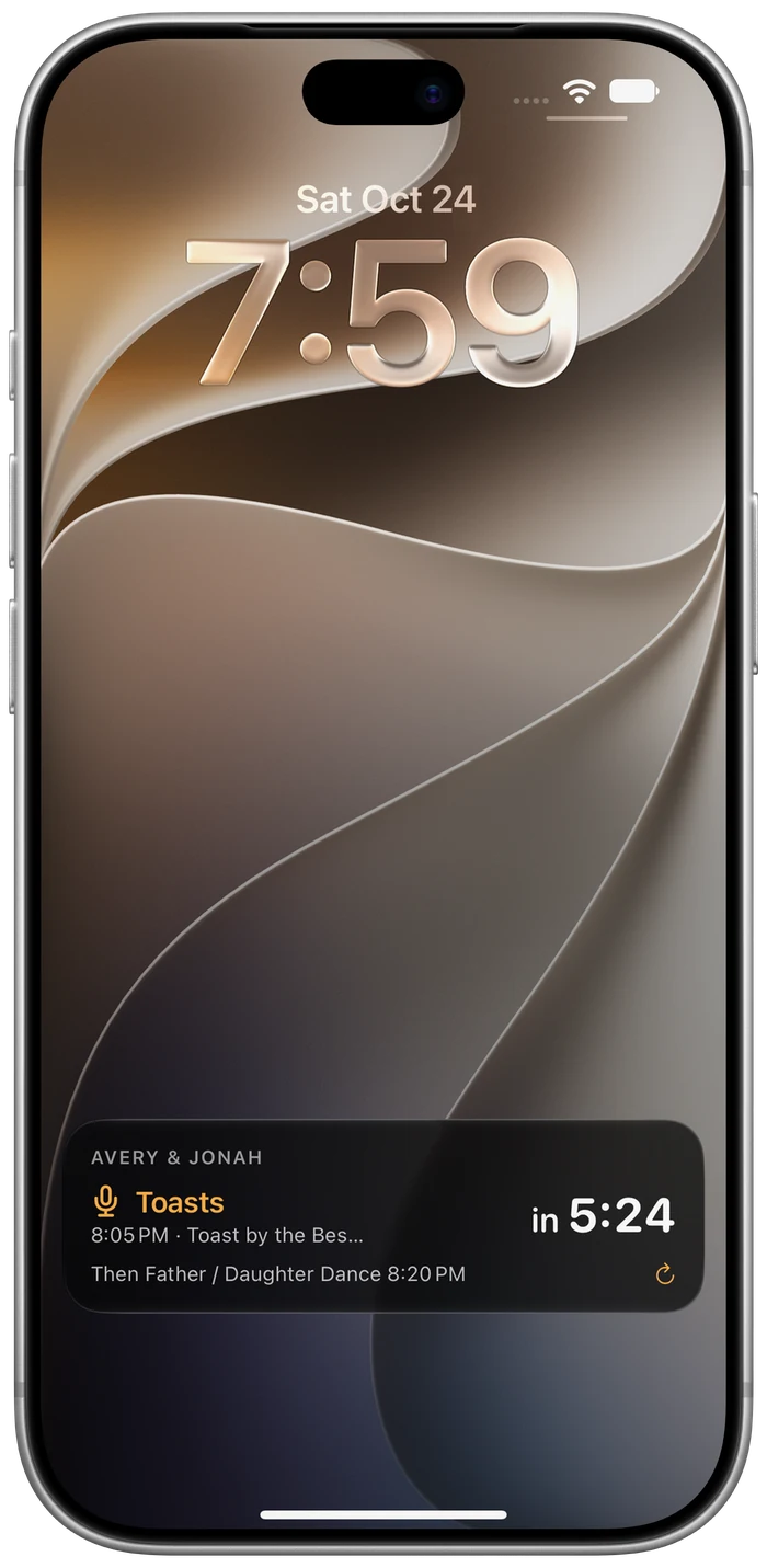 The iPhone Lock Screen at 7:59 on Saturday, October 24, with Timeline’s Live Activity: Avery and Jonah, Toasts, 8:05 PM, Toast by the Best Man, in 5:24, then Father / Daughter Dance at 8:20 PM.