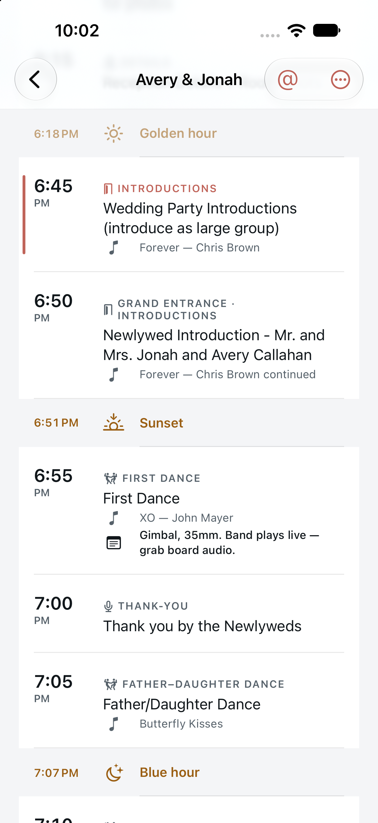 Timeline showing Avery and Jonah’s sample wedding: golden hour, introductions, first dance with a filming note, and blue hour.